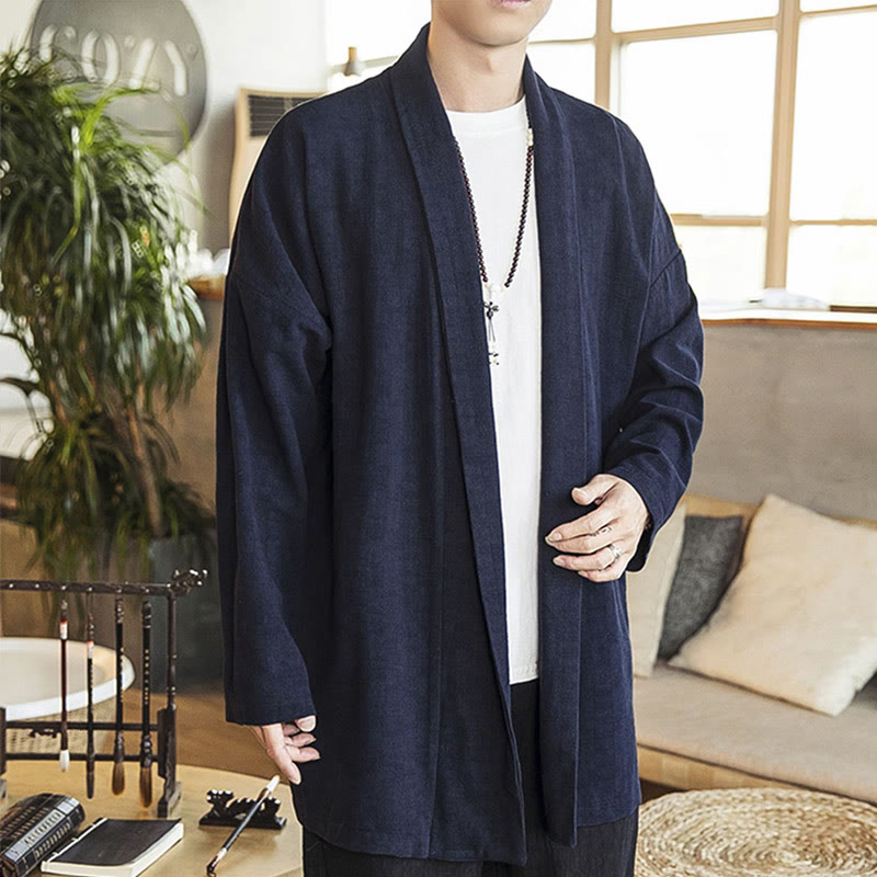 Manteau mi-long en coton et lin pour homme, simple et décontracté, avec Buddha Stones - image 11