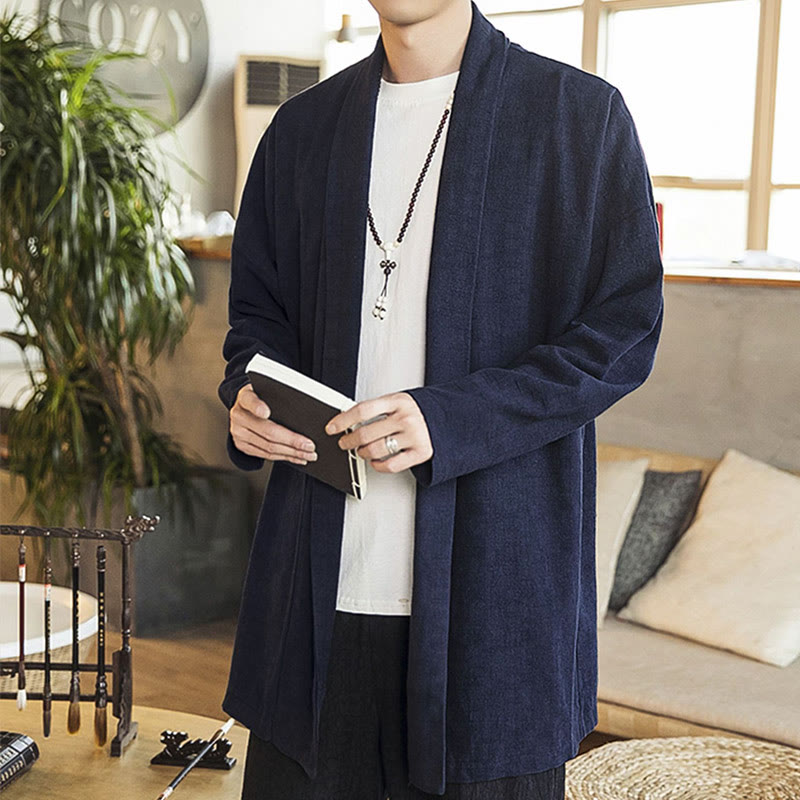Manteau mi-long en coton et lin pour homme, simple et décontracté, avec Buddha Stones - image 9