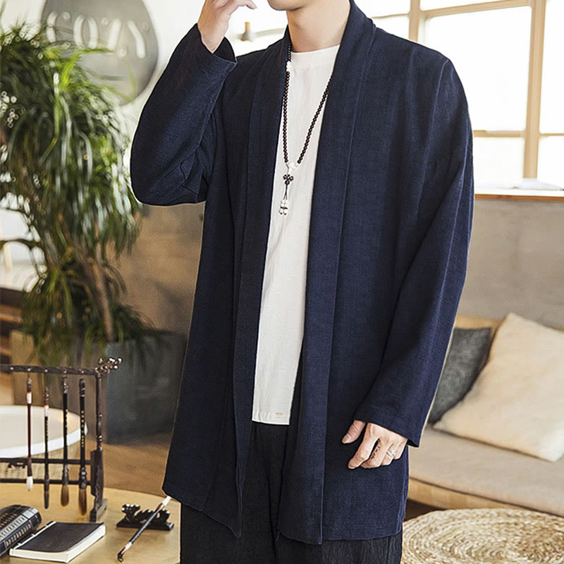 Manteau mi-long en coton et lin pour homme, simple et décontracté, avec Buddha Stones - image 9