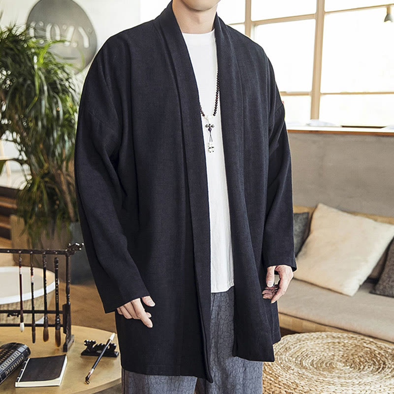 Manteau mi-long en coton et lin pour homme, simple et décontracté, avec Buddha Stones - image 14