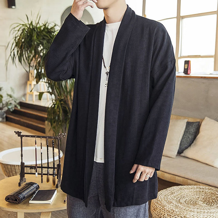 Manteau mi-long en coton et lin pour homme, simple et décontracté, avec Buddha Stones - image 13