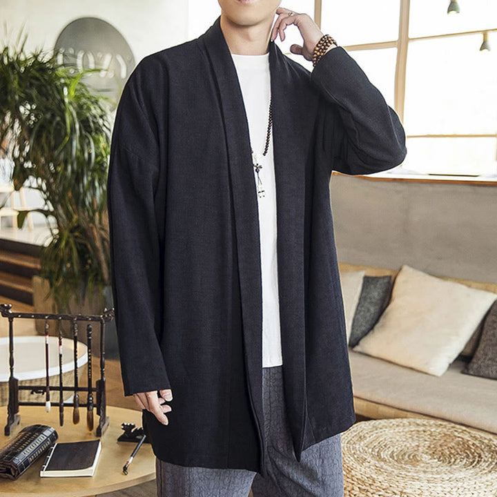 Manteau mi-long en coton et lin pour homme, simple et décontracté, avec Buddha Stones - image 15