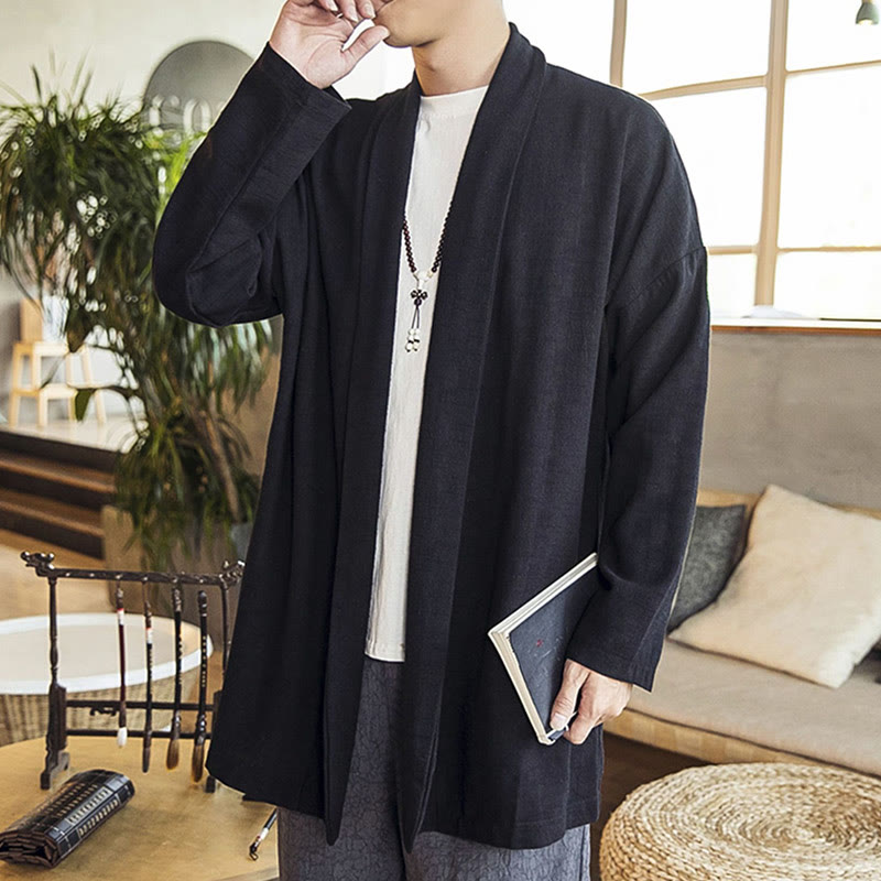 Manteau mi-long en coton et lin pour homme, simple et décontracté, avec Buddha Stones - image 12