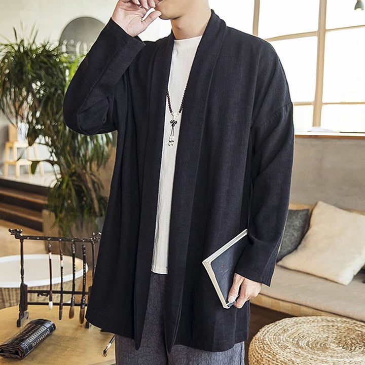 Manteau mi-long en coton et lin pour homme, simple et décontracté, avec Buddha Stones - image 12