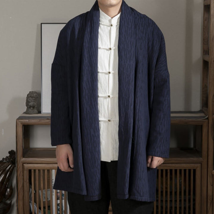 Manteau mi-long en coton doublé en peluche zen jacquard simple pour homme avec Buddha Stones - SteelBlue - US/UK/AU44，EU54 (4XL) - image 0