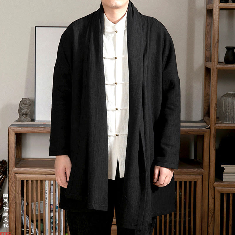 Manteau mi-long en coton doublé en peluche zen jacquard simple pour homme avec Buddha Stones - Noir - US/UK/AU44，EU54 (4XL) - image 5