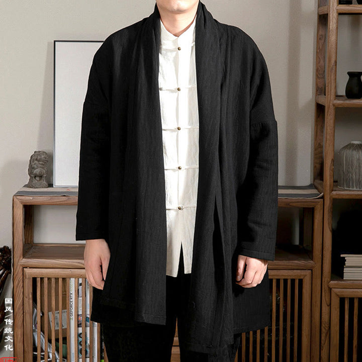 Manteau mi-long en coton doublé en peluche zen jacquard simple pour homme avec Buddha Stones - Noir - US/UK/AU44，EU54 (4XL) - image 5