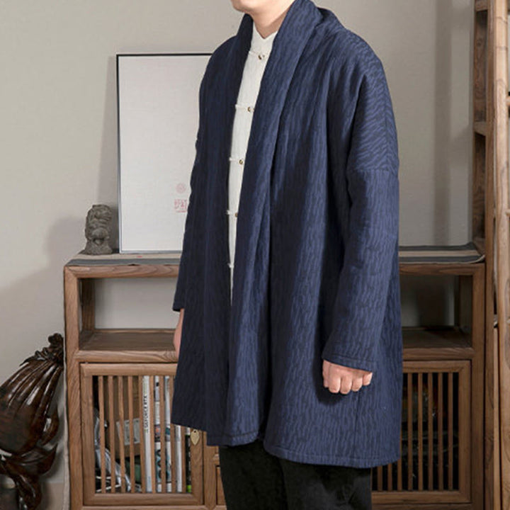 Manteau mi-long en coton doublé en peluche zen jacquard simple pour homme avec Buddha Stones - image 3