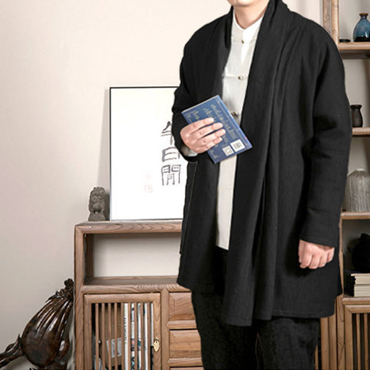 Manteau mi-long en coton doublé en peluche zen jacquard simple pour homme avec Buddha Stones - image 7