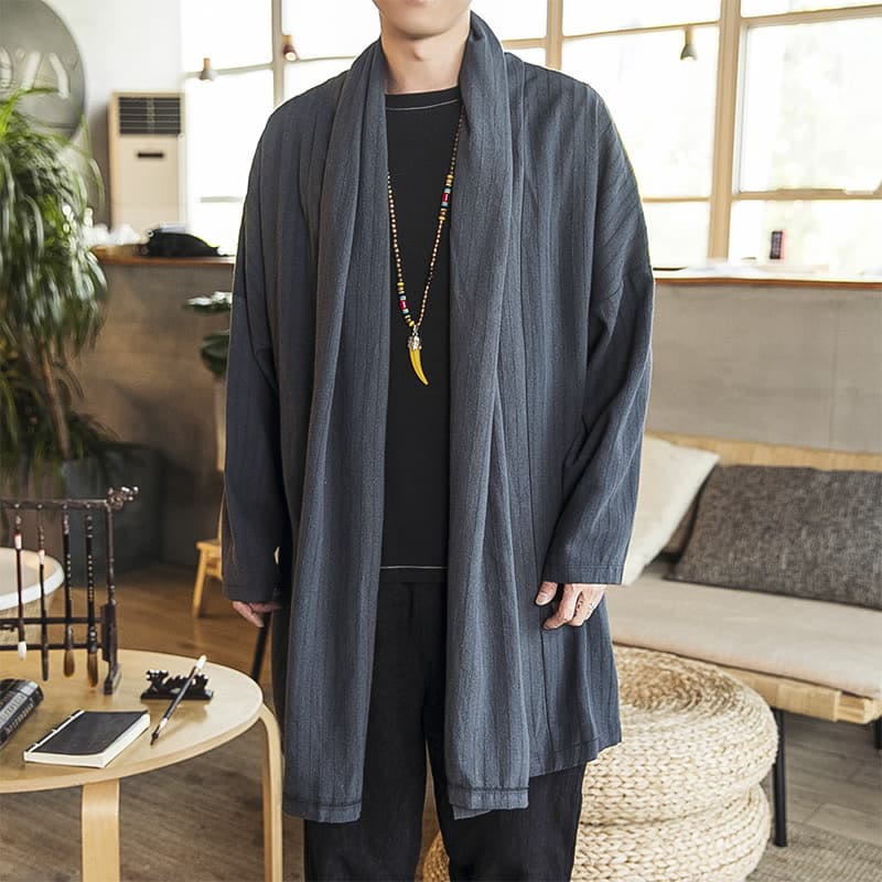 Manteau mi-long en lin mélangé pour homme, simple, décontracté, ample, uni, avec Buddha Stones - Gris ardoise clair - US/UK/AU42，EU52 (3XL) - image 0