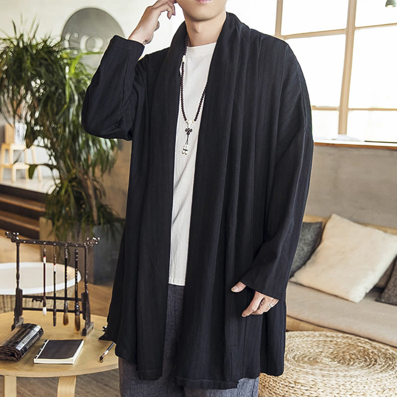 Manteau mi-long en lin mélangé pour homme, simple, décontracté, ample, uni, avec Buddha Stones - Noir - US/UK/AU42，EU52 (3XL) - image 9