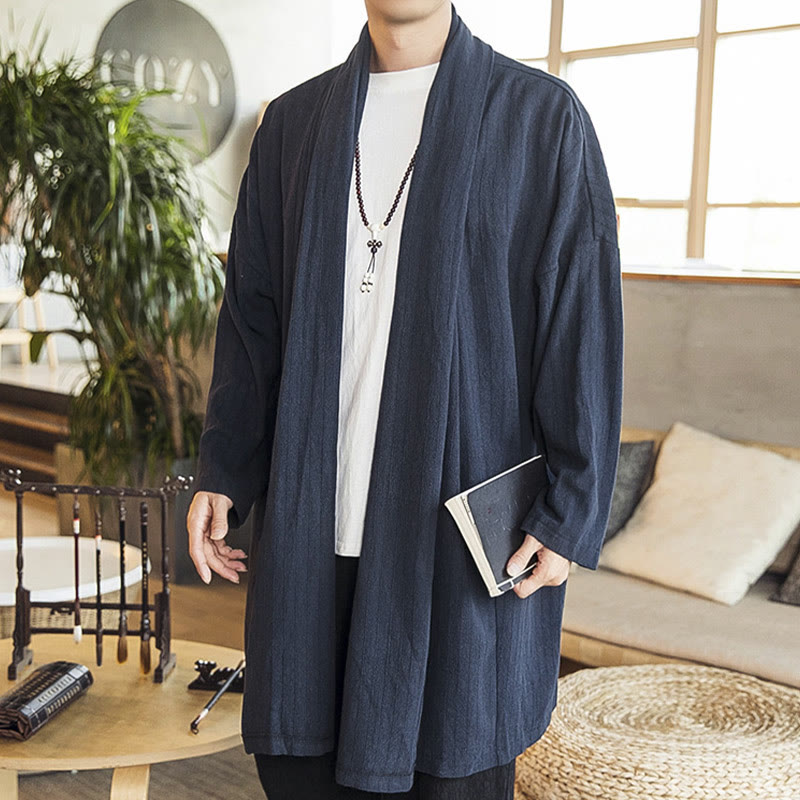 Manteau mi-long en lin mélangé pour homme, simple, décontracté, ample, uni, avec Buddha Stones - Bleu acier - US/UK/AU42，EU52 (3XL) - image 16
