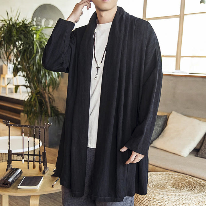 Manteau mi-long en lin mélangé pour homme, simple, décontracté, ample, uni, avec Buddha Stones - Noir - US/UK/AU42，EU52 (3XL) - image 9