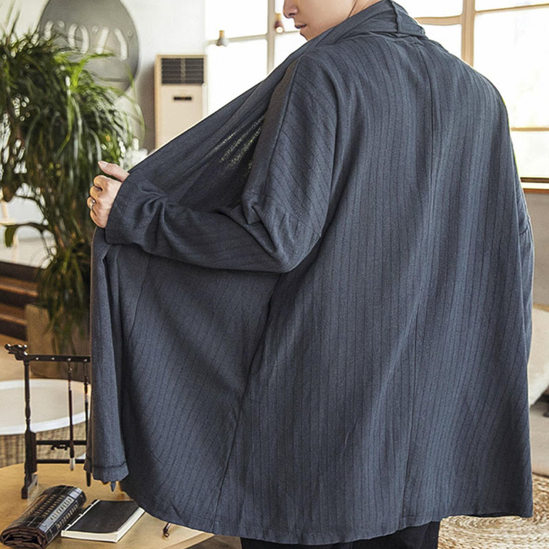 Manteau mi-long en lin mélangé pour homme, simple, décontracté, ample, uni, avec Buddha Stones - image 9