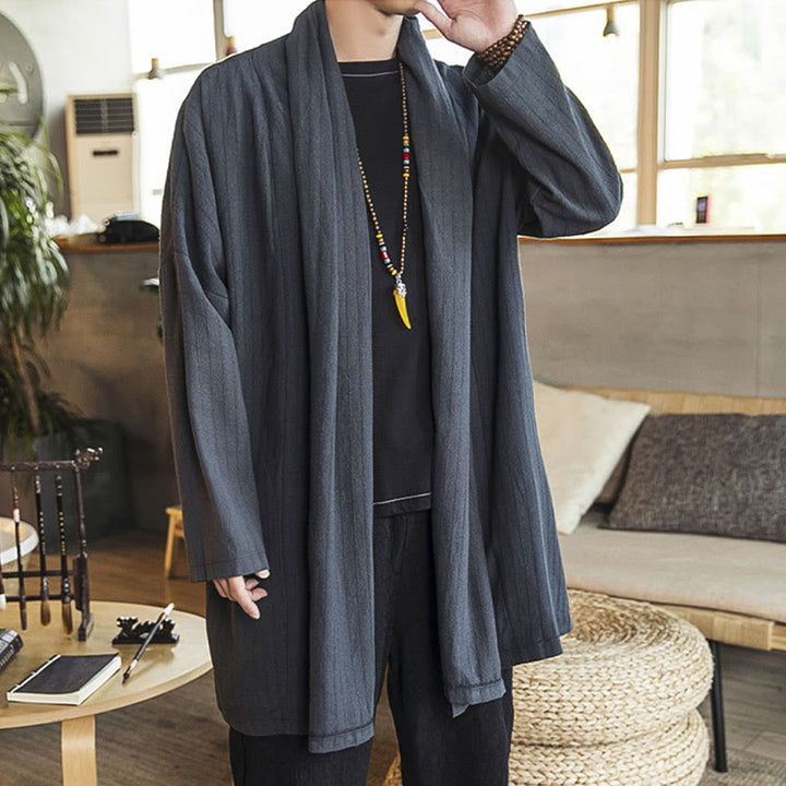 Manteau mi-long en lin mélangé pour homme, simple, décontracté, ample, uni, avec Buddha Stones - image 3