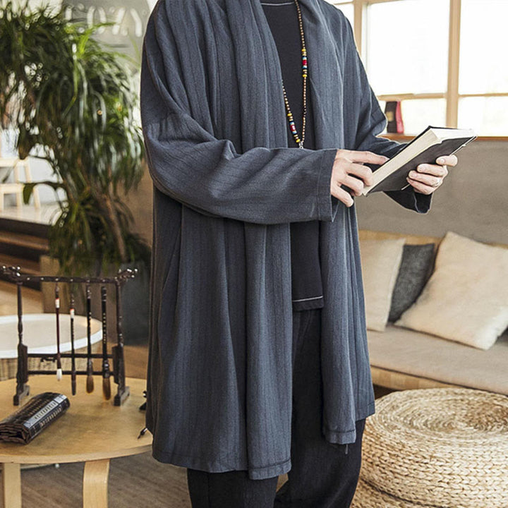 Manteau mi-long en lin mélangé pour homme, simple, décontracté, ample, uni, avec Buddha Stones - image 3