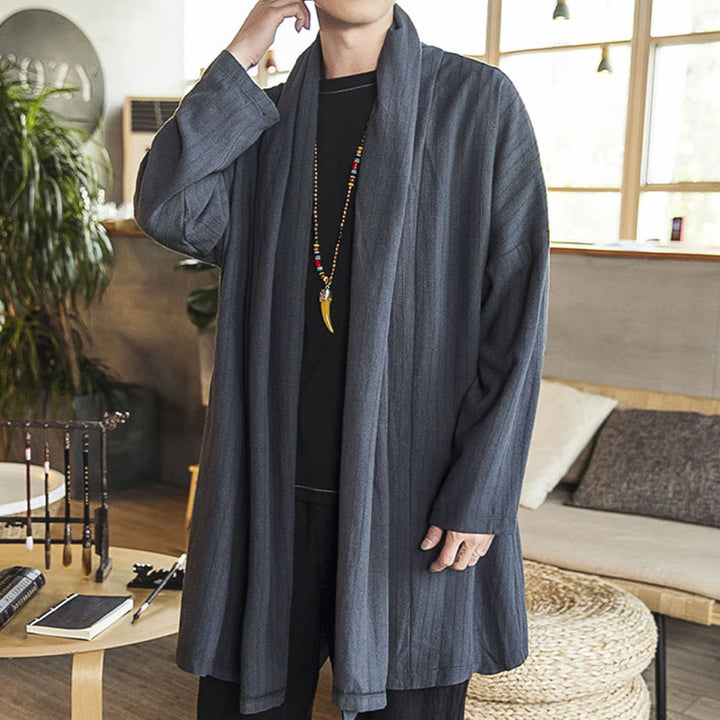 Manteau mi-long en lin mélangé pour homme, simple, décontracté, ample, uni, avec Buddha Stones - image 4