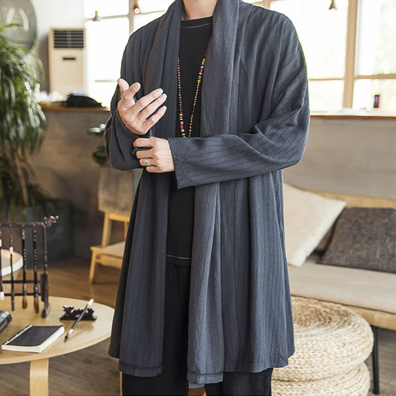 Manteau mi-long en lin mélangé pour homme, simple, décontracté, ample, uni, avec Buddha Stones - image 2