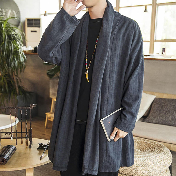 Manteau mi-long en lin mélangé pour homme, simple, décontracté, ample, uni, avec Buddha Stones - image 6