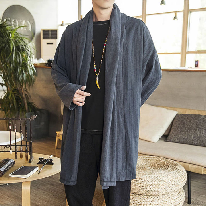 Manteau mi-long en lin mélangé pour homme, simple, décontracté, ample, uni, avec Buddha Stones - image 7