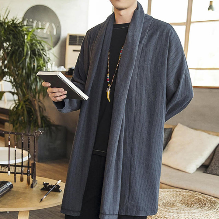 Manteau mi-long en lin mélangé pour homme, simple, décontracté, ample, uni, avec Buddha Stones - image 6