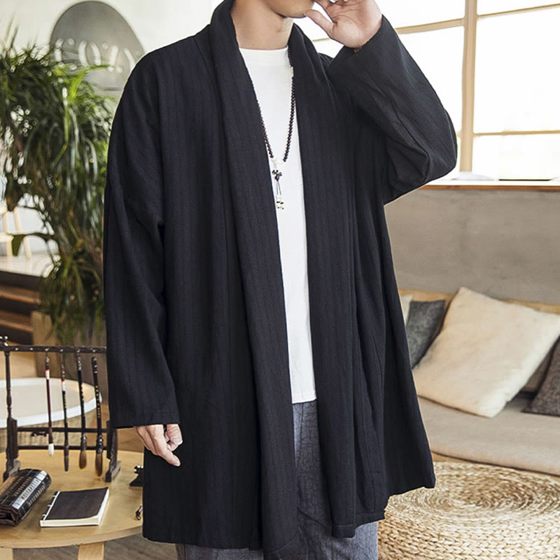 Manteau mi-long en lin mélangé pour homme, simple, décontracté, ample, uni, avec Buddha Stones - image 11
