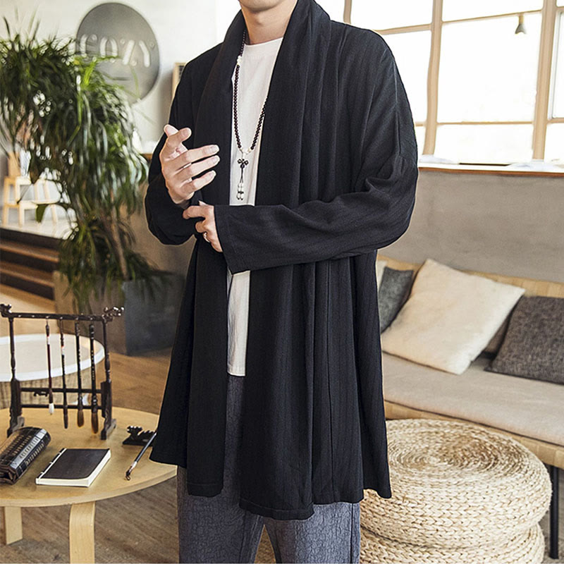Manteau mi-long en lin mélangé pour homme, simple, décontracté, ample, uni, avec Buddha Stones - image 11