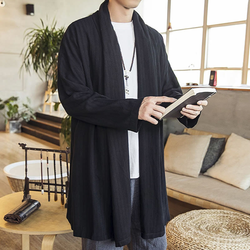 Manteau mi-long en lin mélangé pour homme, simple, décontracté, ample, uni, avec Buddha Stones - image 12