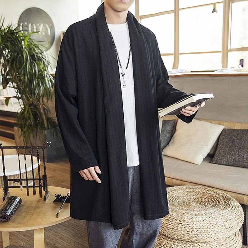Manteau mi-long en lin mélangé pour homme, simple, décontracté, ample, uni, avec Buddha Stones - image 14