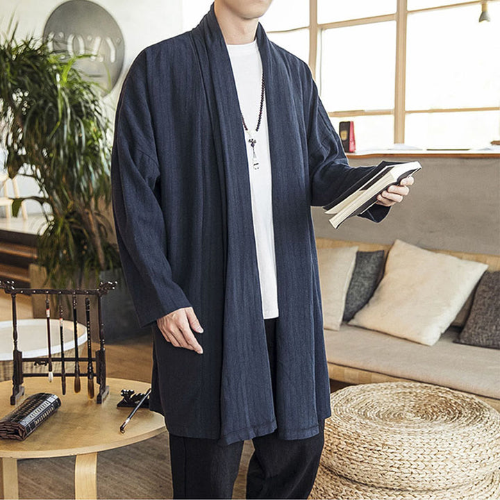 Manteau mi-long en lin mélangé pour homme, simple, décontracté, ample, uni, avec Buddha Stones - image 19