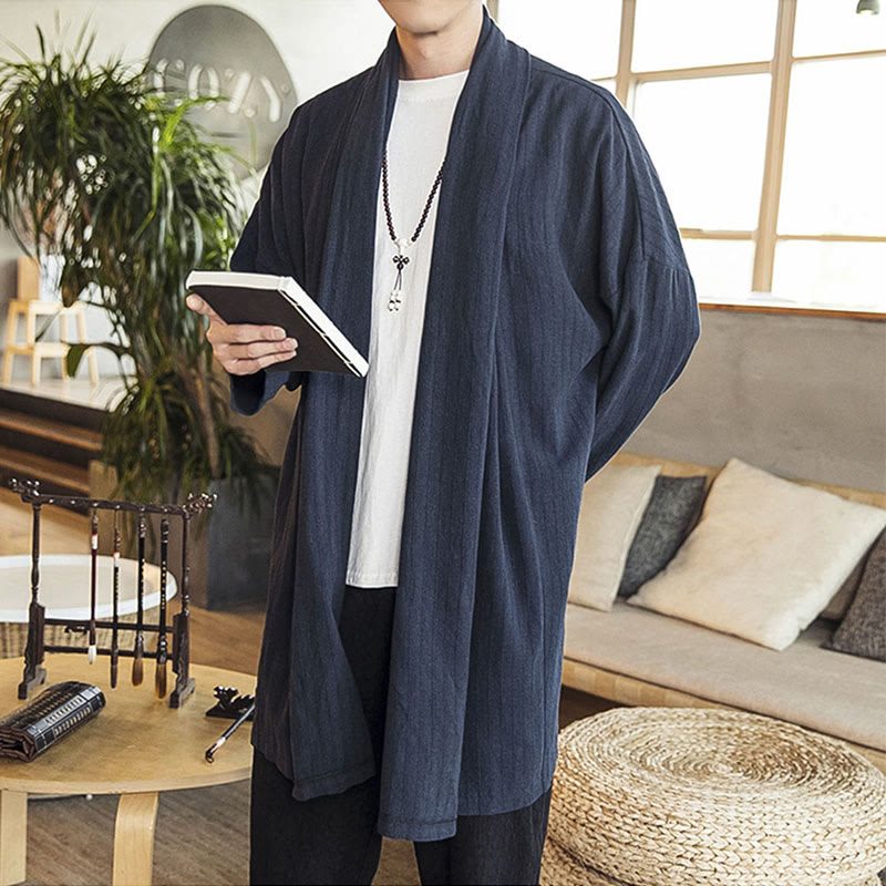 Manteau mi-long en lin mélangé pour homme, simple, décontracté, ample, uni, avec Buddha Stones - image 16