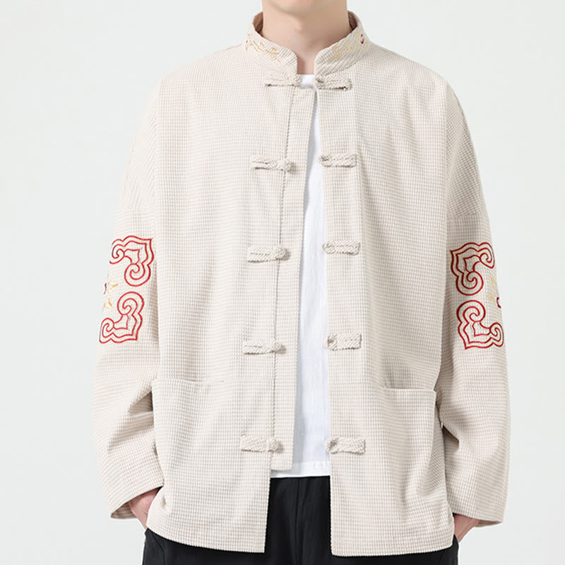 Buddha Stones Costume Tang à boutons de grenouille pour hommes, veste en velours côtelé de coton à broderie symétrique avec poches - Beige - US/UK/AU46，EU56 (5XL) - image 10