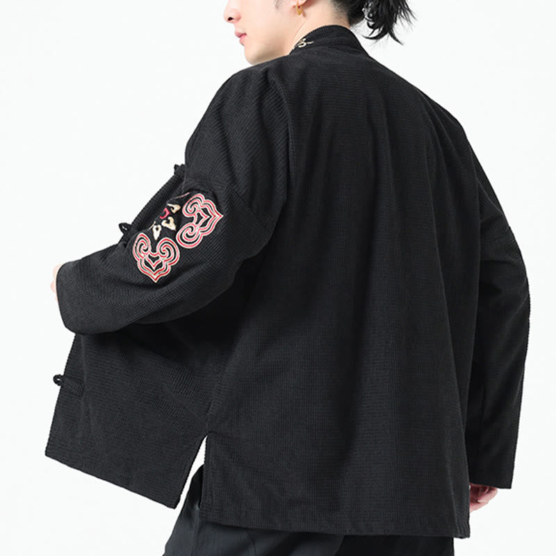 Buddha Stones Costume Tang à boutons de grenouille pour hommes, veste en velours côtelé de coton à broderie symétrique avec poches - image 4