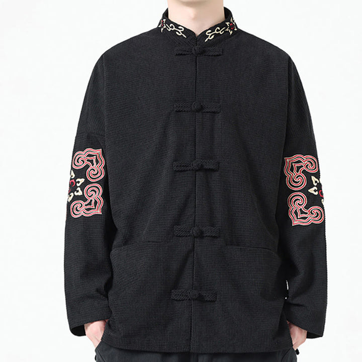 Buddha Stones Costume Tang à boutons de grenouille pour hommes, veste en velours côtelé de coton à broderie symétrique avec poches - image 3