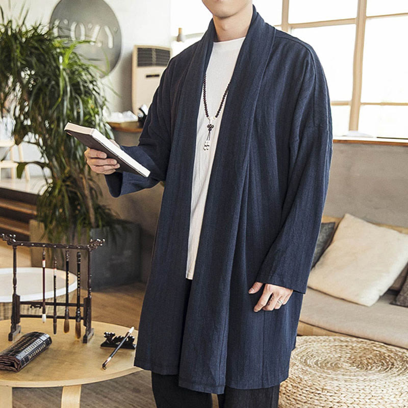 Manteau mi-long en lin mélangé pour homme, simple, décontracté, ample, uni, avec Buddha Stones - image 18