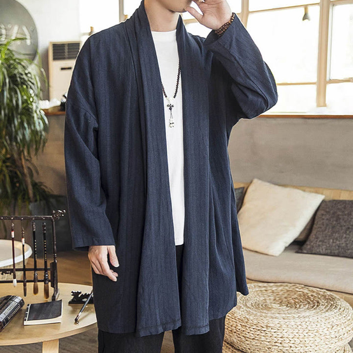 Manteau mi-long en lin mélangé pour homme, simple, décontracté, ample, uni, avec Buddha Stones - image 21