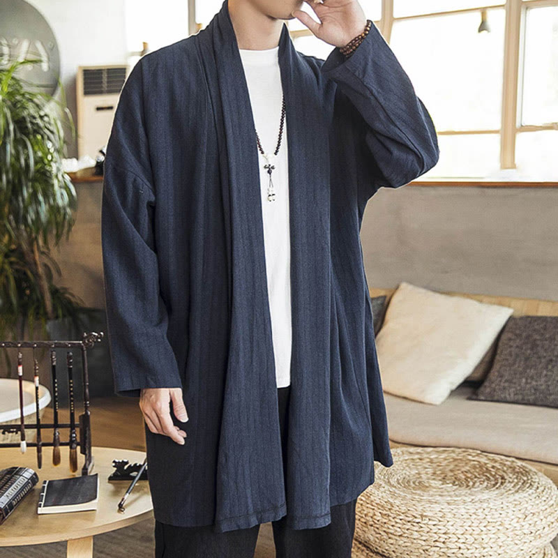 Manteau mi-long en lin mélangé pour homme, simple, décontracté, ample, uni, avec Buddha Stones - image 20
