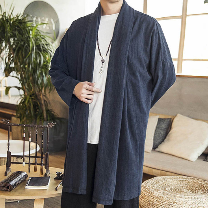 Manteau mi-long en lin mélangé pour homme, simple, décontracté, ample, uni, avec Buddha Stones - image 19