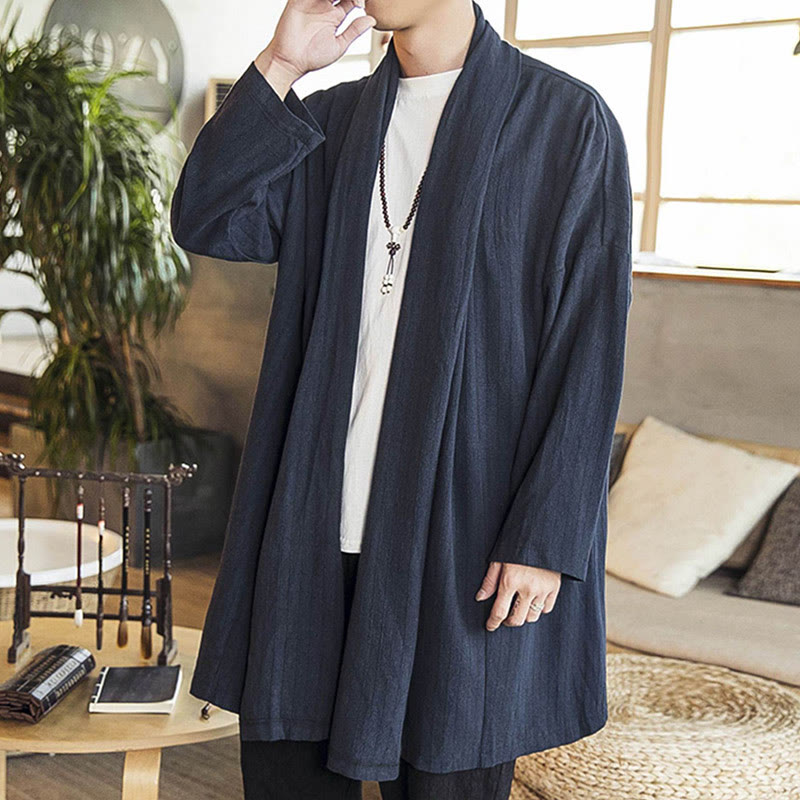 Manteau mi-long en lin mélangé pour homme, simple, décontracté, ample, uni, avec Buddha Stones - image 21