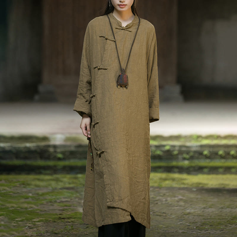 Robe mi-longue en lin et coton ramie à manches longues et boutons Buddha Stones de couleur unie avec poches - image 1