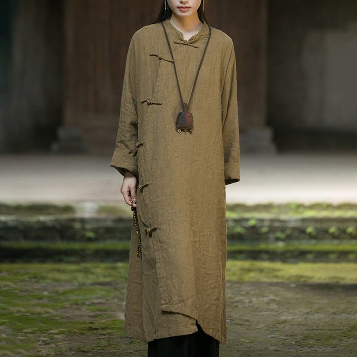 Robe mi-longue en lin et coton ramie à manches longues et boutons Buddha Stones de couleur unie avec poches - image 1