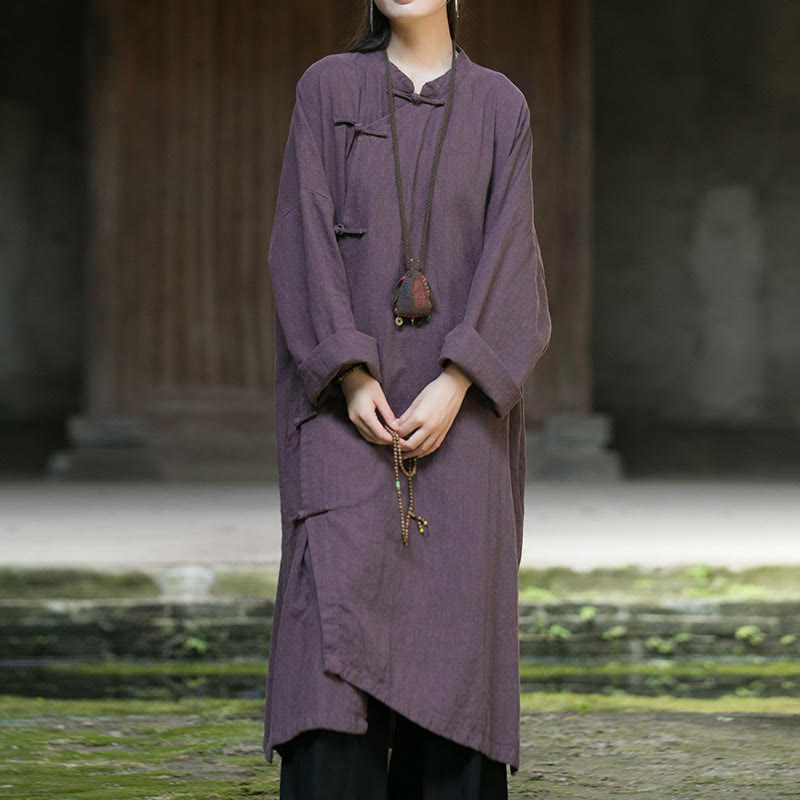 Robe mi-longue en lin et coton ramie à manches longues et boutons Buddha Stones de couleur unie avec poches - Violet - US4-12，UK/AU8-16，EU36-44 (F) - image 16