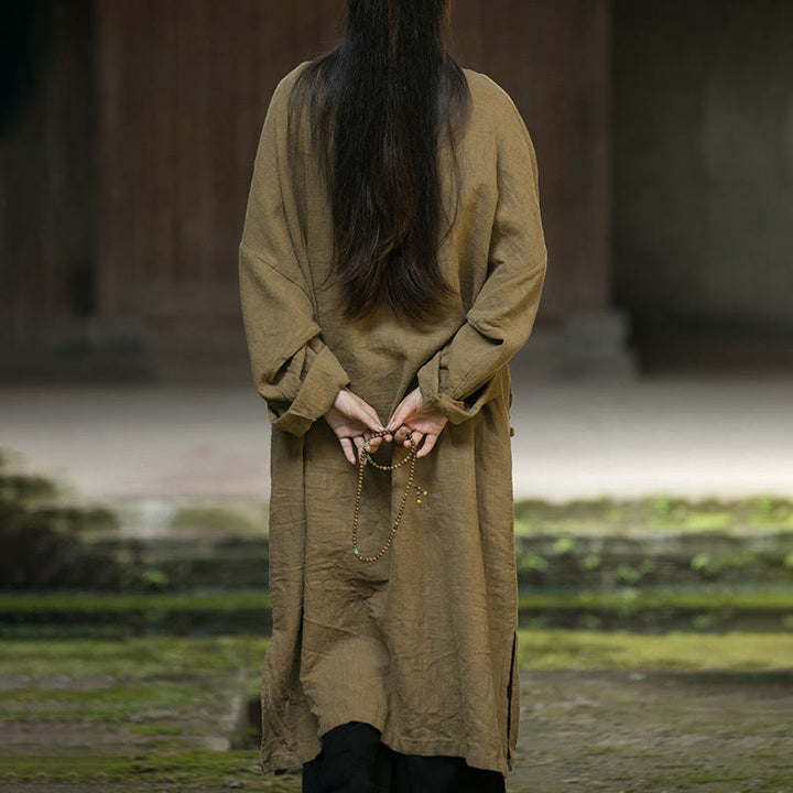 Robe mi-longue en lin et coton ramie à manches longues et boutons Buddha Stones de couleur unie avec poches - image 4