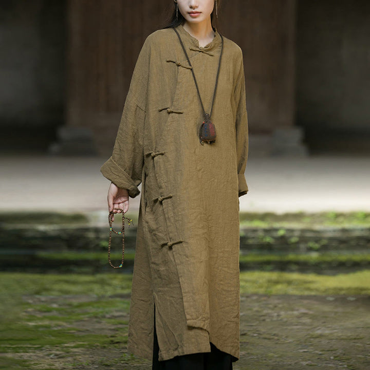 Robe mi-longue en lin et coton ramie à manches longues et boutons Buddha Stones de couleur unie avec poches - image 10
