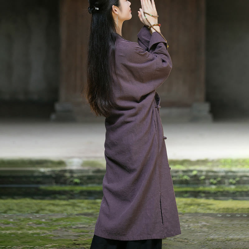 Robe mi-longue en lin et coton ramie à manches longues et boutons Buddha Stones de couleur unie avec poches - image 19