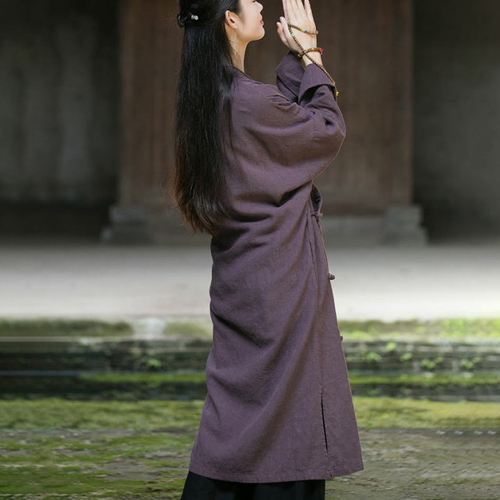 Robe mi-longue en lin et coton ramie à manches longues et boutons Buddha Stones de couleur unie avec poches - image 19