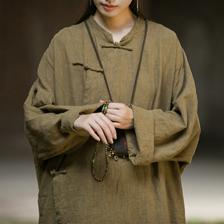 Robe mi-longue en lin et coton ramie à manches longues et boutons Buddha Stones de couleur unie avec poches - image 13