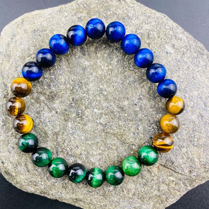 Bracelet d'équilibre œil de tigre bleu et vert Buddha Stones