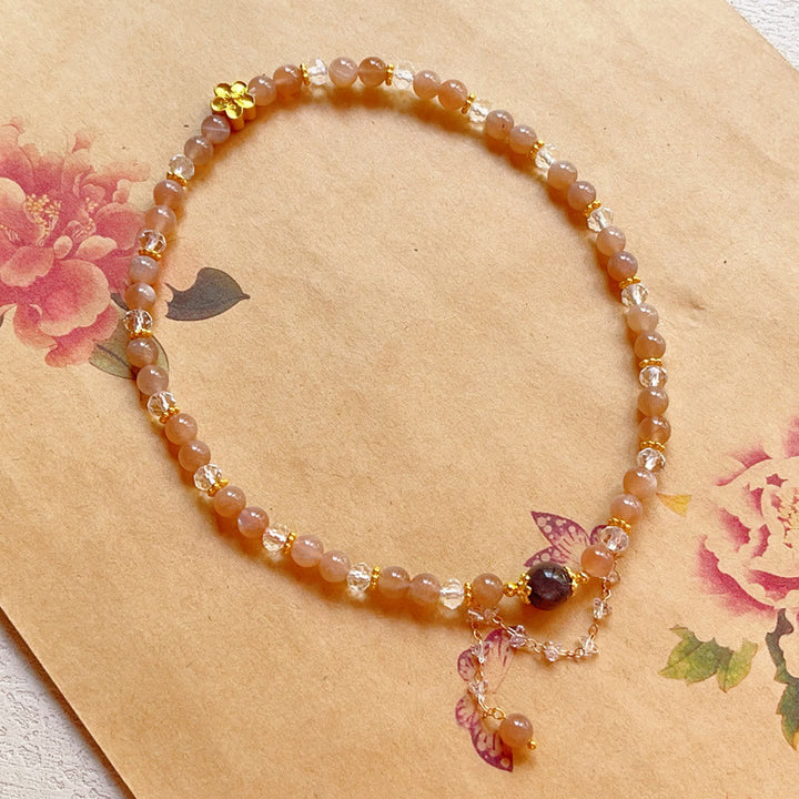 Bracelet double tour en cristal de pierre de soleil et de fleur de pêcher de Buddha Stones