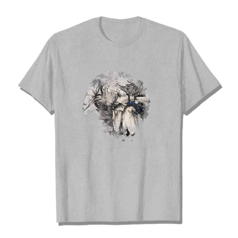 T-shirt à motif de pavillon de montagne en bambou chinois Buddha Stones - Gris clair - 2XL - image 19